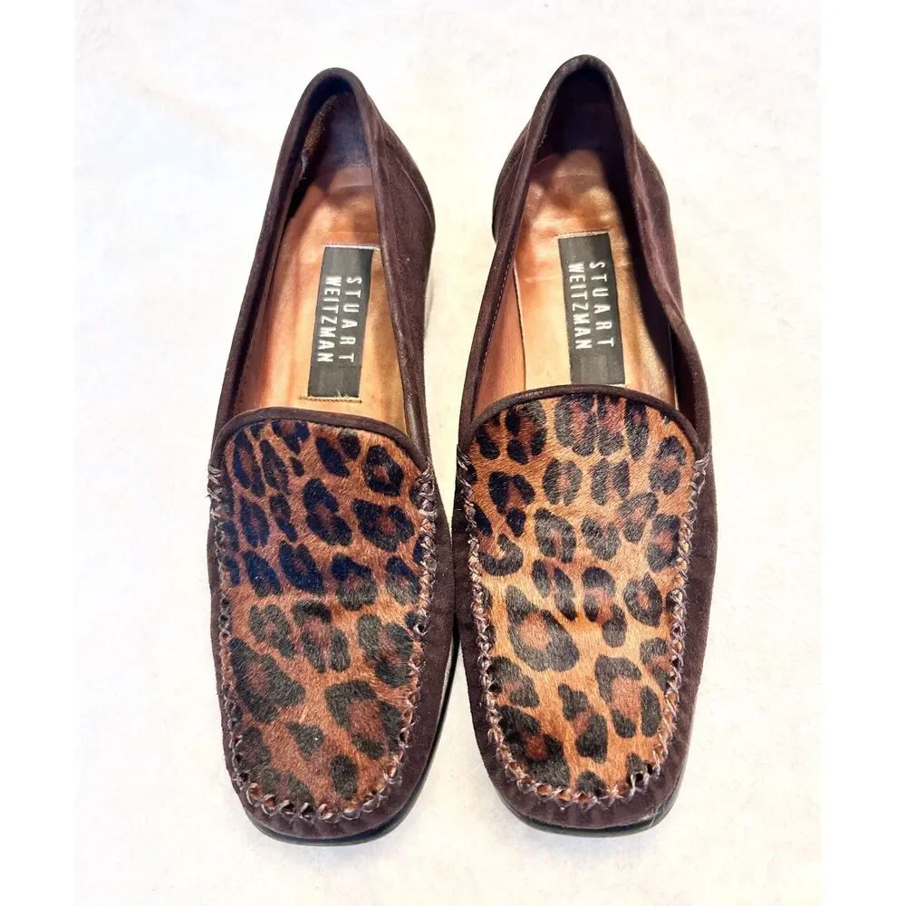 STUART WEITZMAN Brown Suede Animal Leopard Calf Hair Square Toe Loafers - Picture 9 of 9
